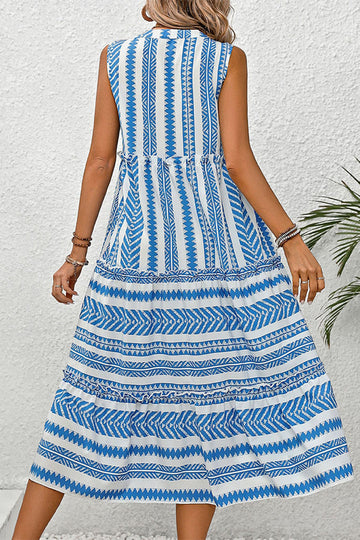White and Blue Printed A Line V Neck Ruffled Midi Summer Dress